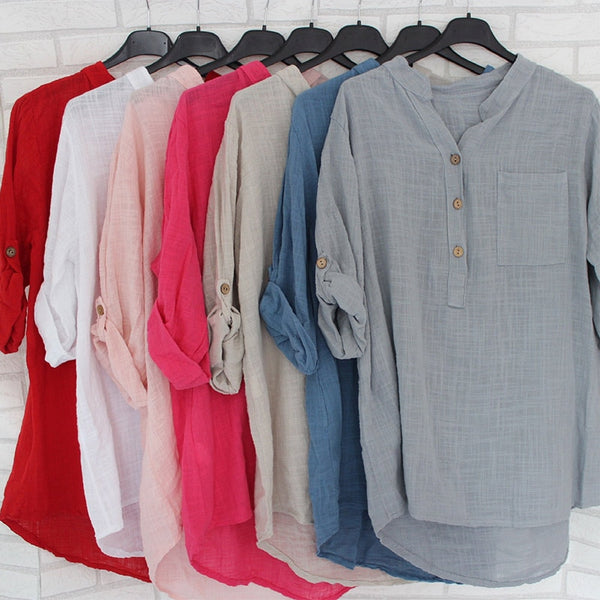 Womens Cotton Linen Stand Collar Shirt Tops