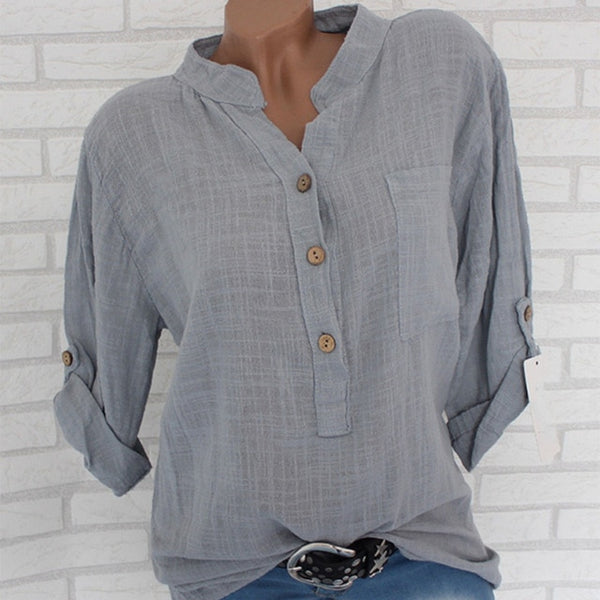 Womens Cotton Linen Stand Collar Shirt Tops