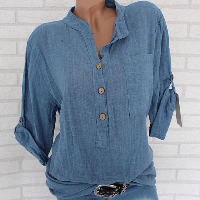 Womens Cotton Linen Stand Collar Shirt Tops