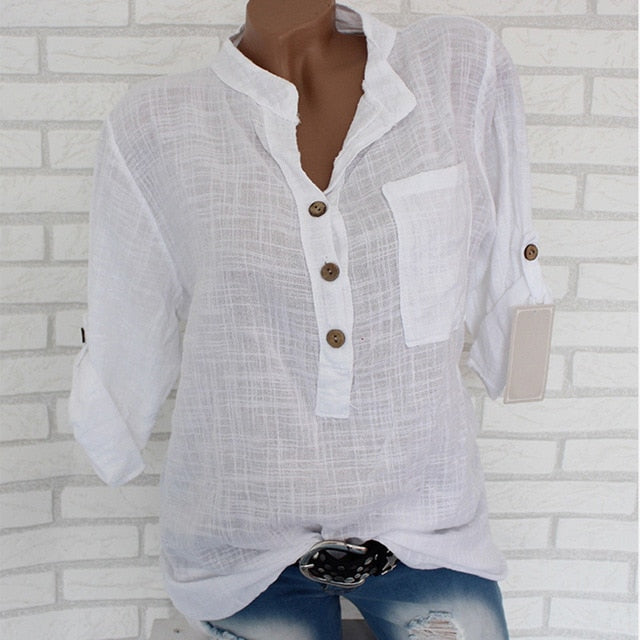 Womens Cotton Linen Stand Collar Shirt Tops