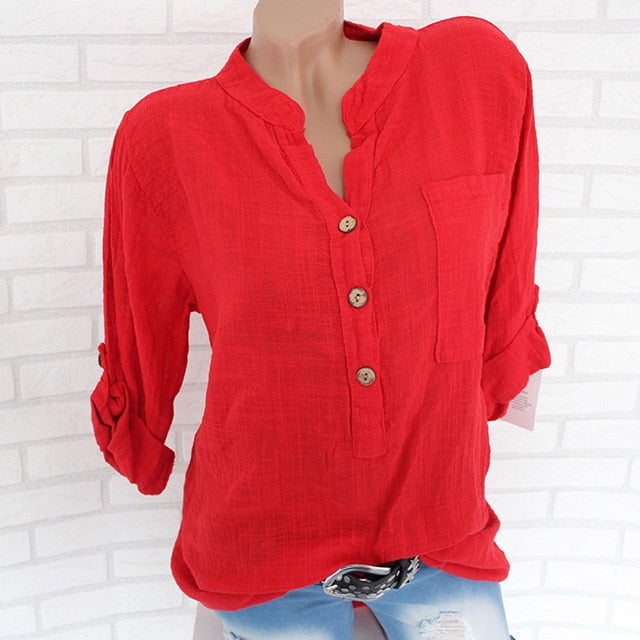 Womens Cotton Linen Stand Collar Shirt Tops