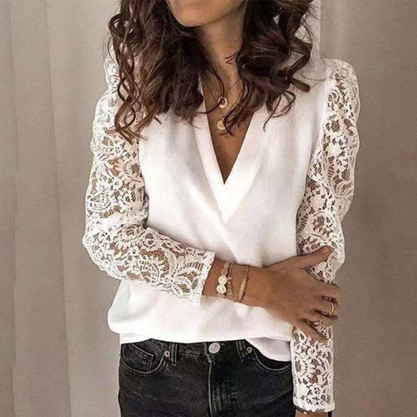 Women V-neck Lace Hollow Out Blouse Patchwork Long Sleeve Top