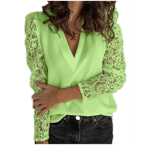 Women V-neck Lace Hollow Out Blouse Patchwork Long Sleeve Top