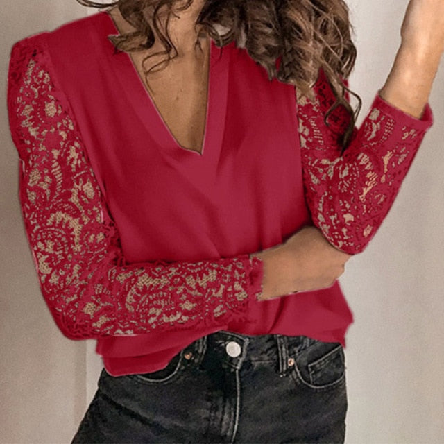 Women V-neck Lace Hollow Out Blouse Patchwork Long Sleeve Top